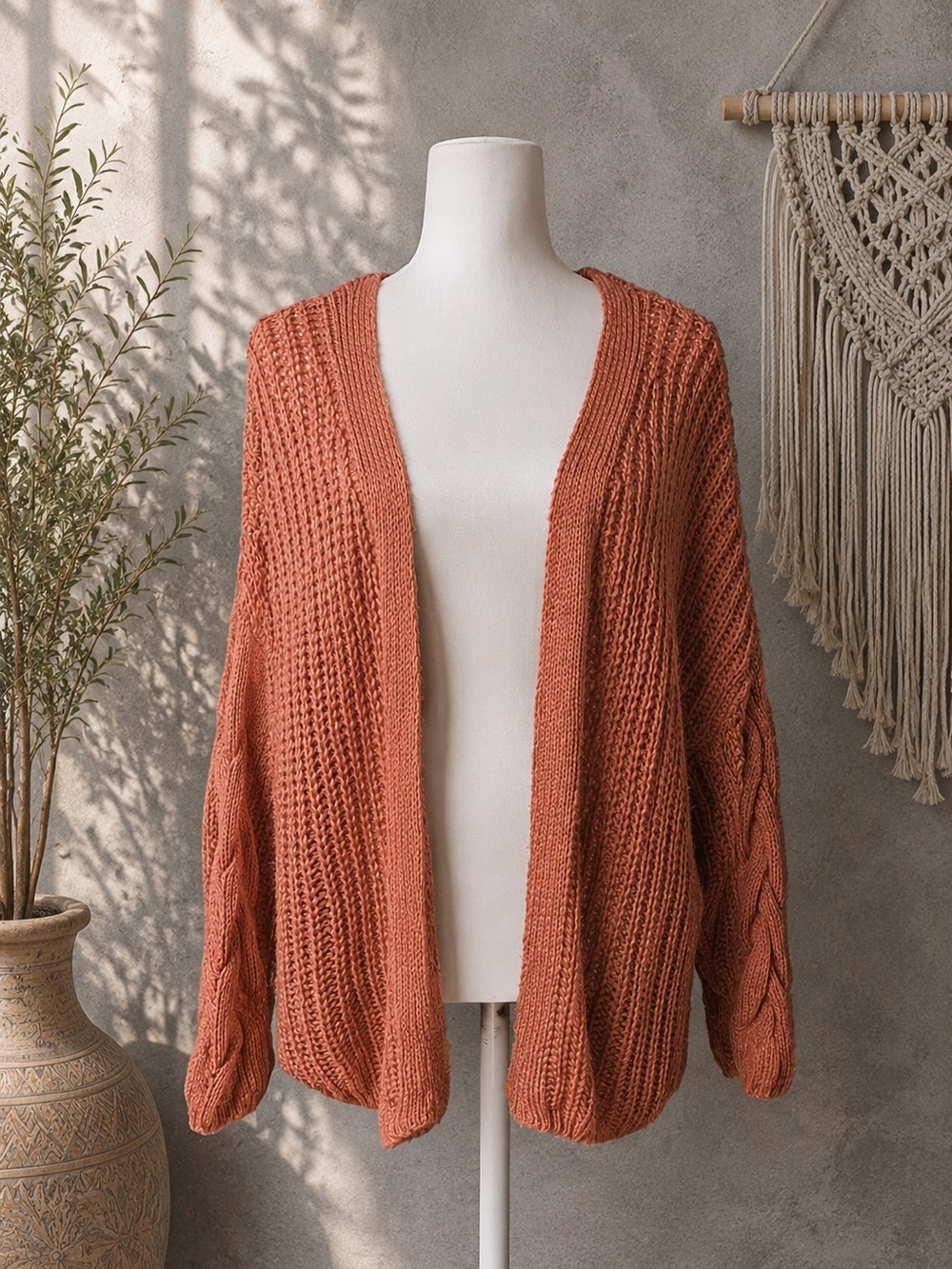 moon & madison Textured Open-Front Cardigan in Terracotta